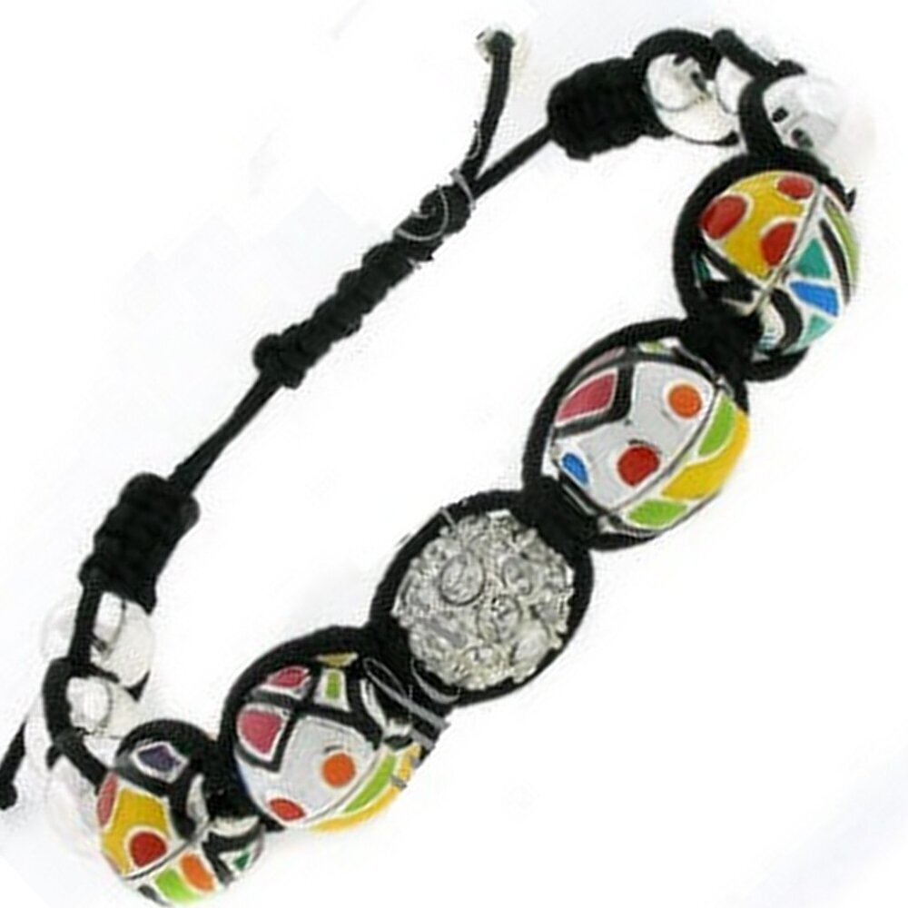Enamel Multicolor Metal Bead Macrame Black Silver Bracelet Unisex - Large Wrist